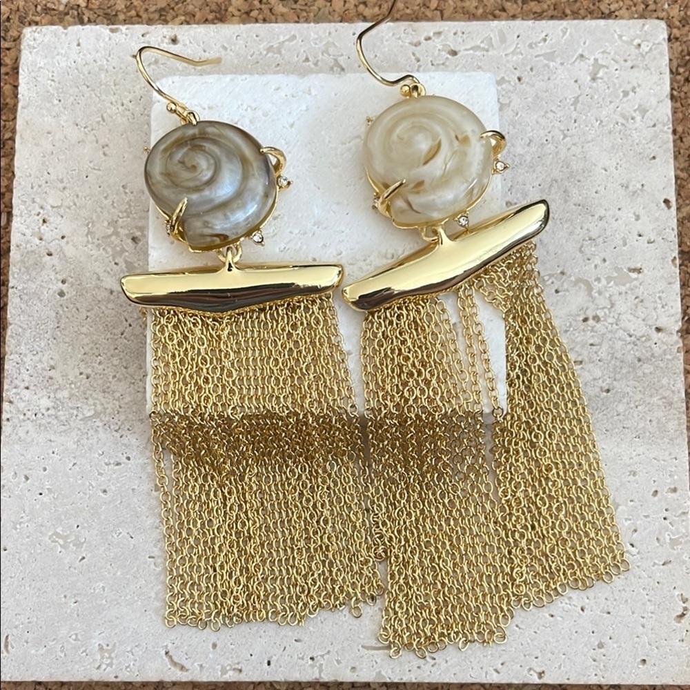 Alexis Bittar Tassel Earrings Gold Chain Fringe Shell Lucite Statement Dangle